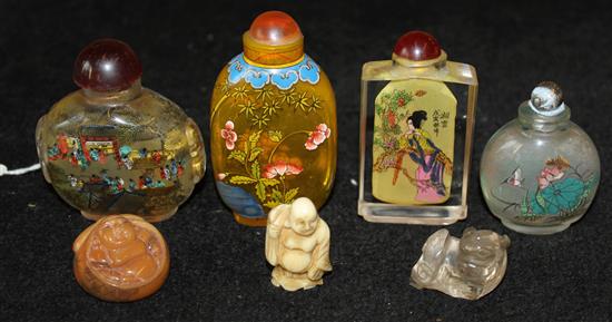 3 Chinese interior painted glass snuff bottles, another painted snuff bottle, crystal lion dog (a.f) & 2 Japanese netsukes